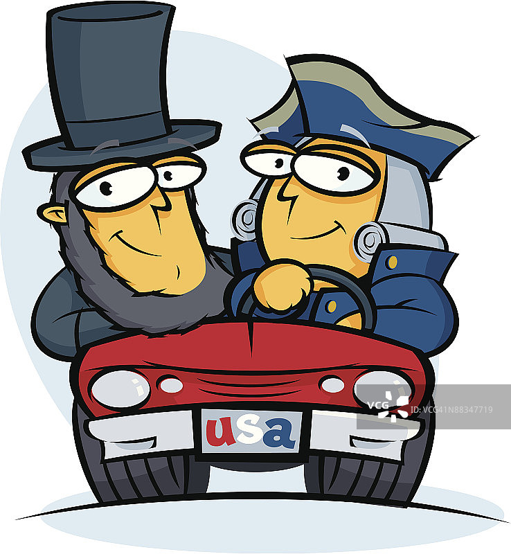 林肯和华盛顿在汽车里的漫画，美国，彩色图片素材