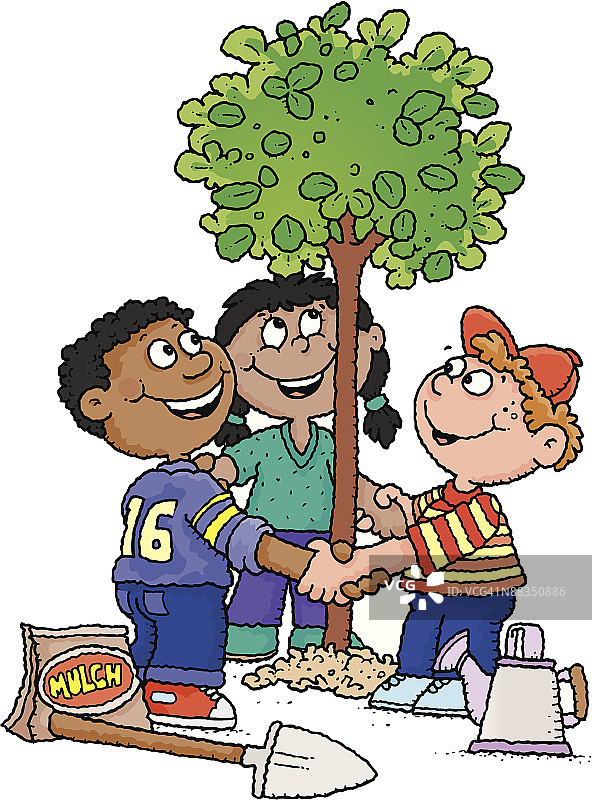三个孩子正在种树图片素材