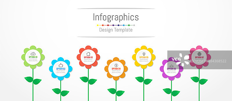 信息图表设计元素为您的业务数据与7个选项，部分，步骤，时间线或流程，花卉概念。矢量插图。图片素材