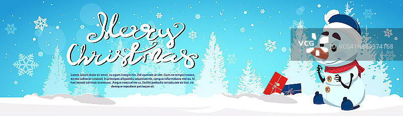 新年贺卡与可爱的雪人冬季假期横向横幅与副本空间图片素材