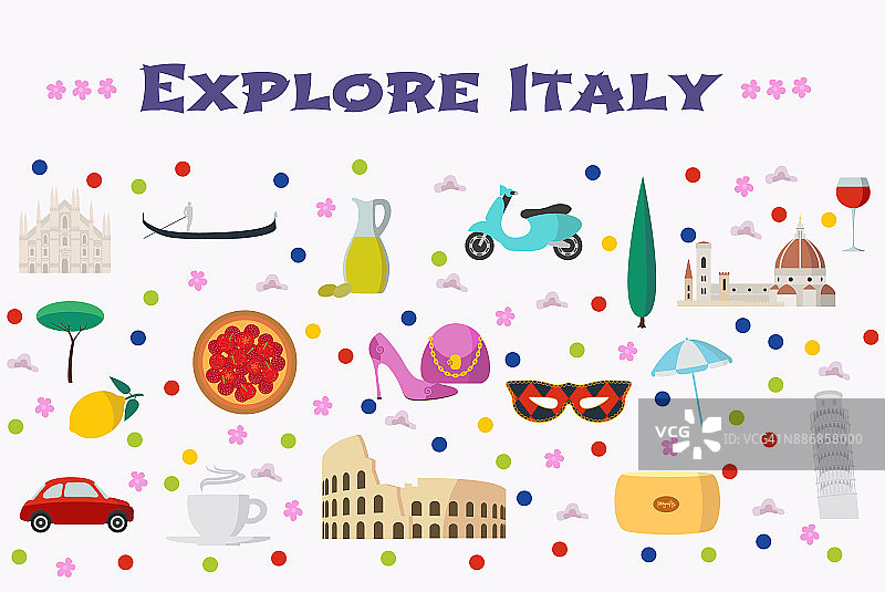 意大利矢量插图与意大利地标，食物为背景图片素材