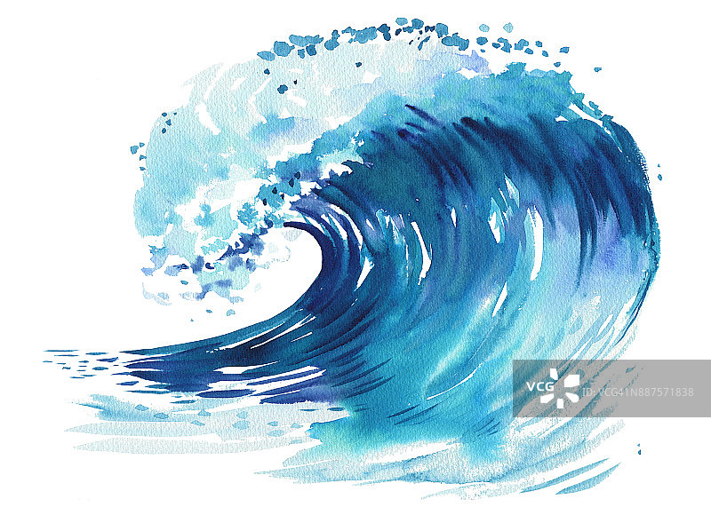 海浪。抽象水彩手绘插图，孤立在白色背景上图片素材