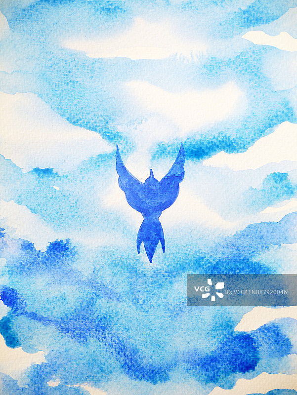 自由飞翔的小鸟，用开阔的天空放松心灵，抽象水彩画设计插画背景图片素材
