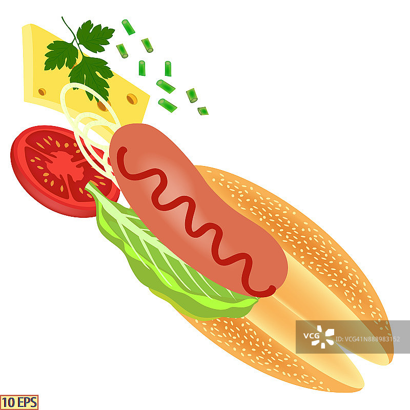热狗。美味的热狗配芥末，番茄酱。美味的热狗，香肠，奶酪，西红柿，生菜，欧芹。快餐。向量。图片素材