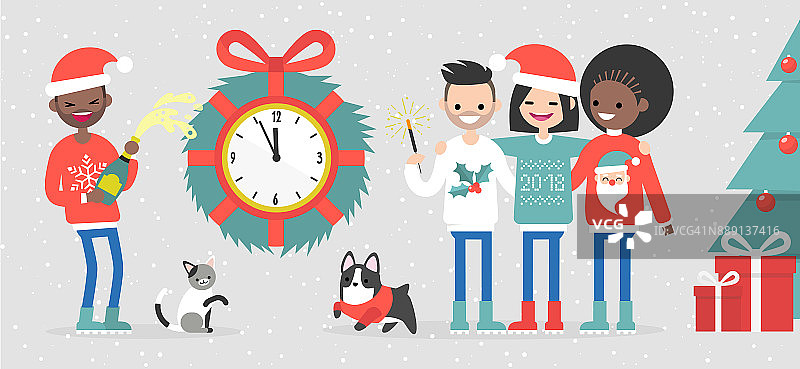 一群不同种族的朋友庆祝新年。大挂钟显示午夜。人们和宠物。雪花。圣诞毛衣。平面可编辑矢量插图，剪辑艺术图片素材