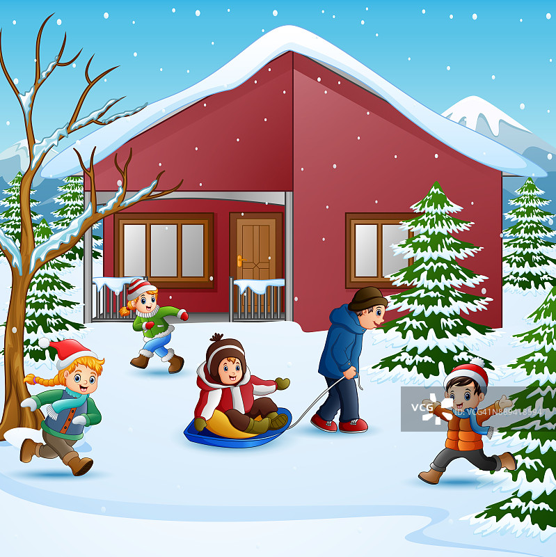 快乐的孩子在雪村里玩耍图片素材