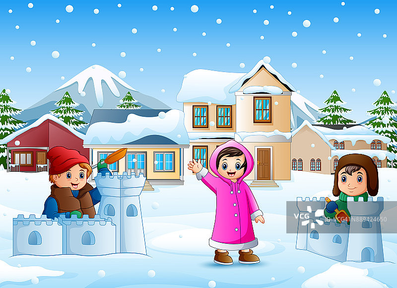 卡通的孩子们在雪村里玩耍图片素材