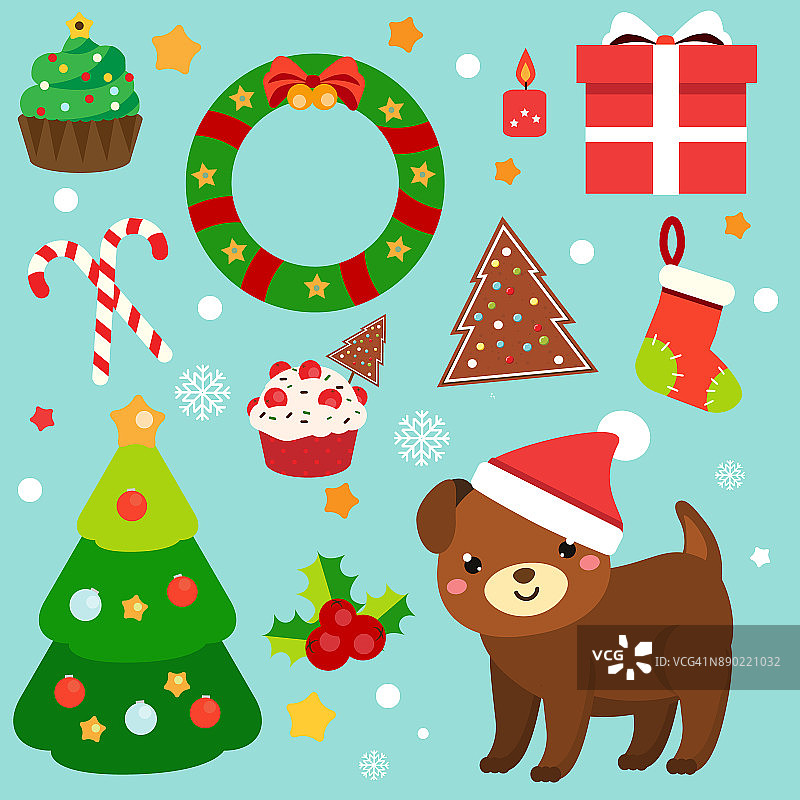圣诞节的剪贴画。2018年画，设计元素。狗，云杉，花环，糖果和其他象征装饰和贴纸图片素材