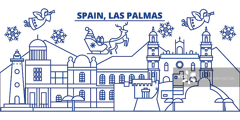 西班牙拉斯帕尔马斯冬季城市的天际线。圣诞快乐，新年快乐横幅上装饰着圣诞老人。冬季贺卡。平,轮廓向量。线形圣诞雪插画图片素材