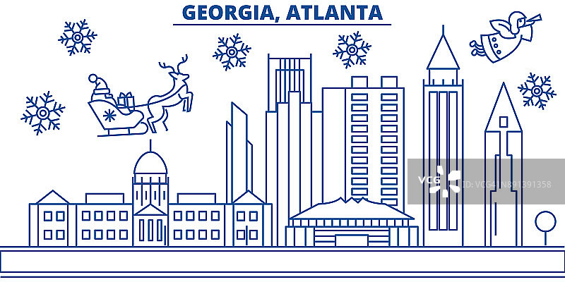 美国乔治亚州亚特兰大冬季城市的天际线。圣诞快乐，新年快乐的横幅装饰。冬天的贺卡上有雪花和圣诞老人。平,行向量。线性圣诞插图图片素材