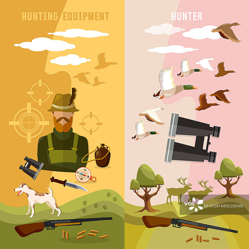 狩猎运动旗帜，猎人用步枪和猎犬在森林里，猎取野鸭弹药图片素材