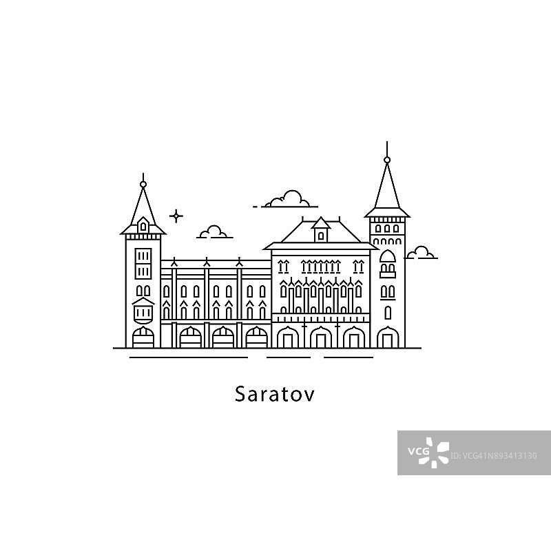 萨拉托夫图标孤立的白色背景。萨拉托夫的地标线矢量插图。俄罗斯城市旅游概念。图片素材