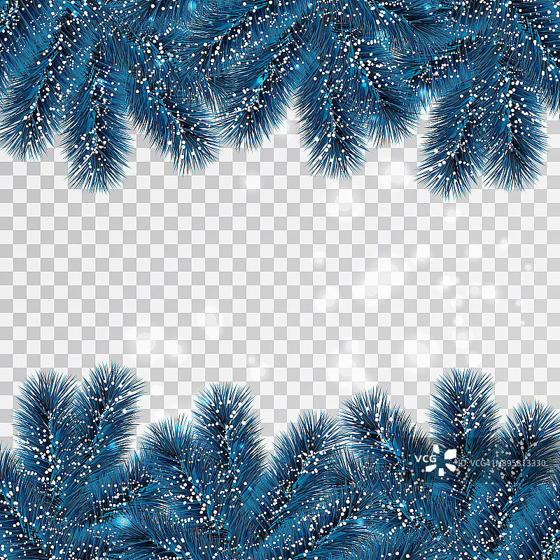 矢量现实孤立的蓝色冷杉树边界装饰和覆盖在透明的背景。圣诞快乐和新年快乐的概念。图片素材