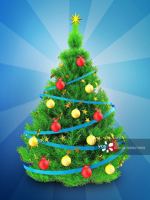 3d霓虹绿色圣诞树在蓝色图片素材