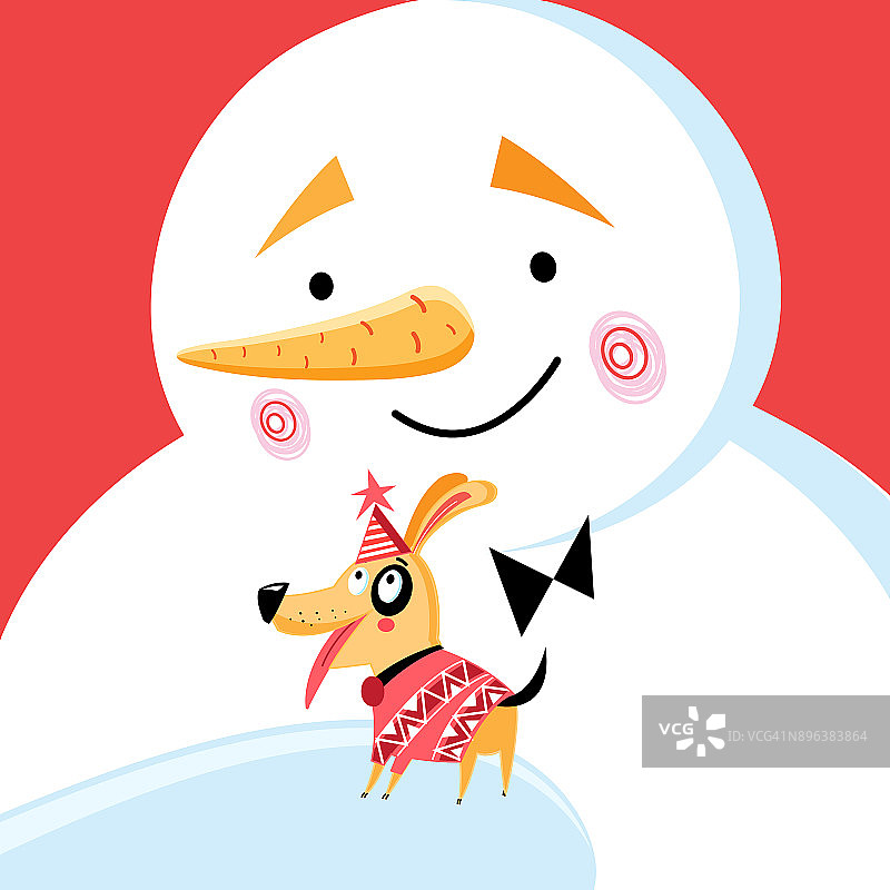 有一个大雪人和小狗的圣诞卡片图片素材