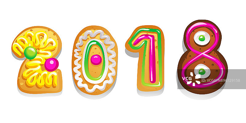 姜饼图。2018年的数字是由饼干制成的。新年冬卡。矢量插图。图片素材