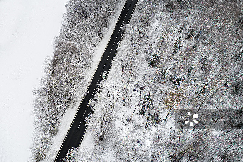 穿越冬季森林的道路-鸟瞰图图片素材