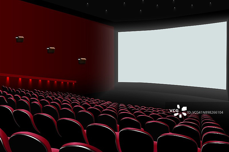 有红色座位和白色空白屏幕的电影院礼堂图片素材