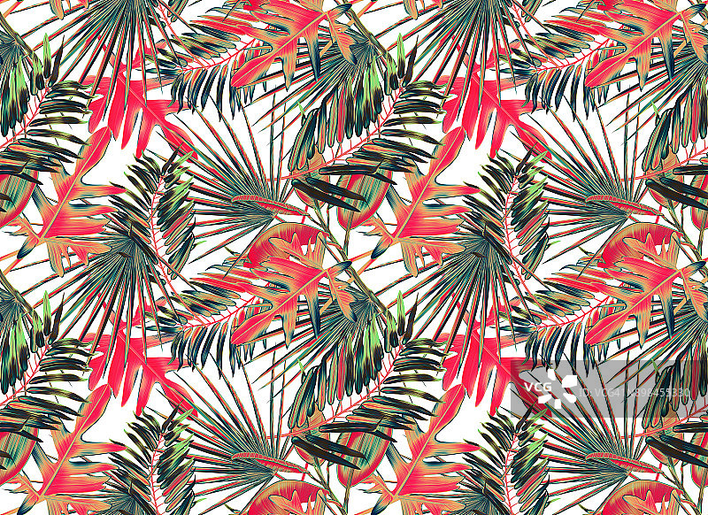 热带棕榈叶。无缝时尚时尚花卉图案，夏威夷风格。图片素材