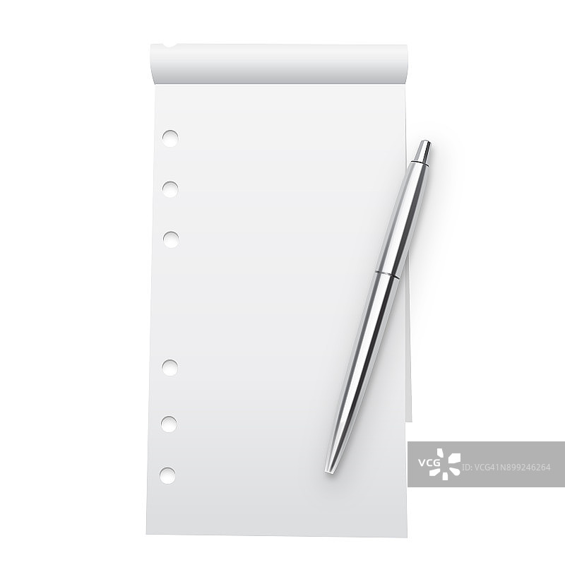 笔记本模型和银色金属笔孤立在白色背景。图片素材
