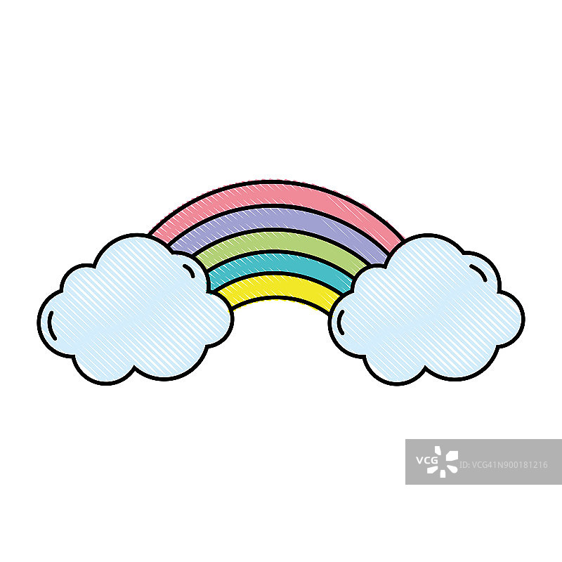 线条色彩鲜艳的彩虹在天空中与云朵一起设计图片素材