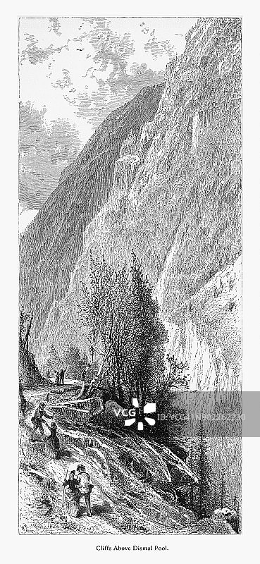 美国新罕布什尔州怀特山，默默池上方的悬崖，美国维多利亚版画，1872年图片素材