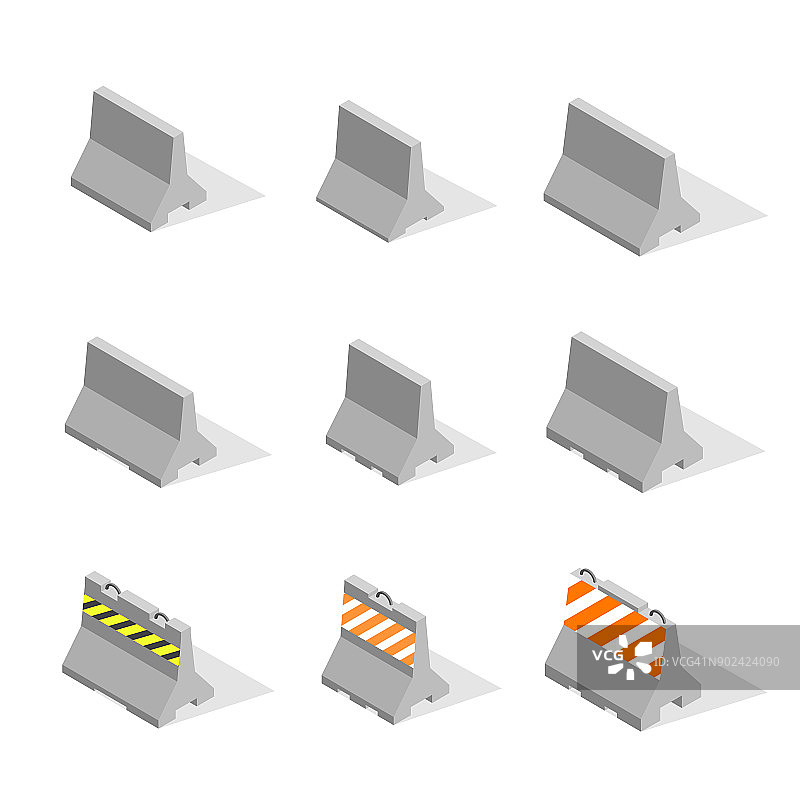 铁混凝土道路障碍设置在3D，矢量插图。图片素材