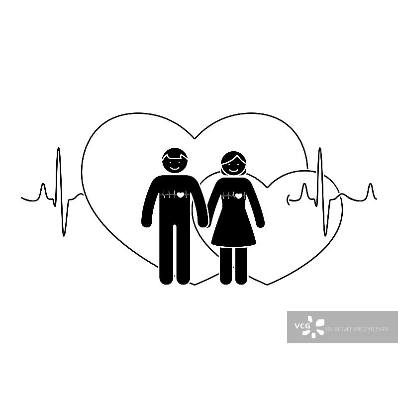 棒图夫妇。男人和女人在爱情矢量插图。男朋友和女朋友牵手的象形图标上的双心形状和心电图的背景图片素材