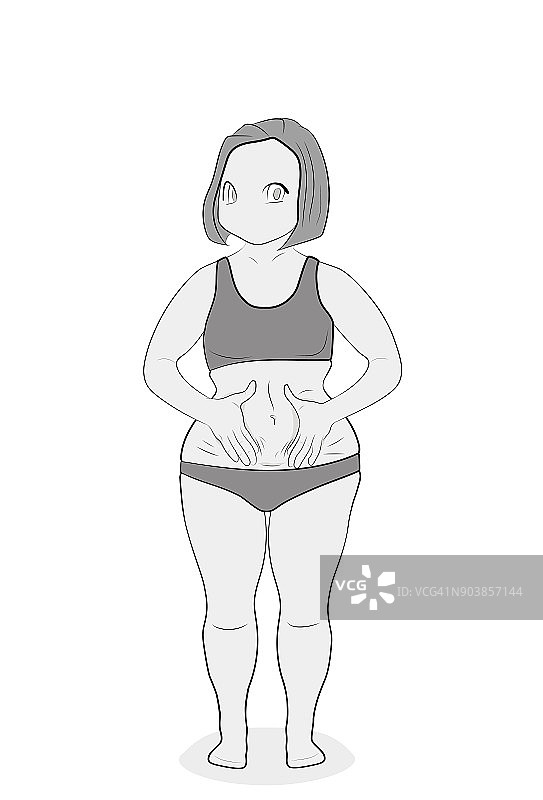 丰满的女人显示出她的丰满。减肥的概念。矢量插图。图片素材