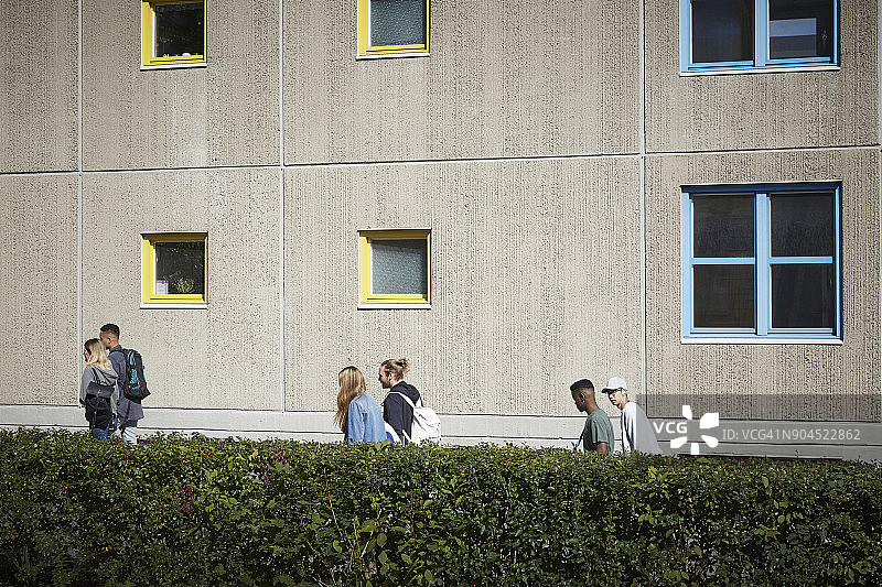 在阳光明媚的日子里，大学生们在校园的树篱旁散步图片素材