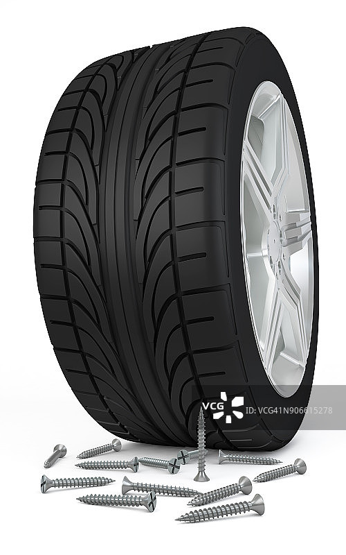 轮胎和锋利的螺丝在路上的白色背景。三维渲染图片素材