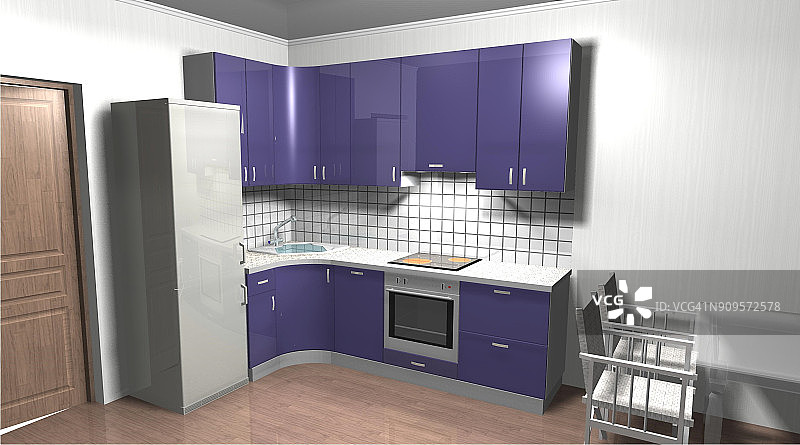 厨房3D渲染室内设计紫色图片素材