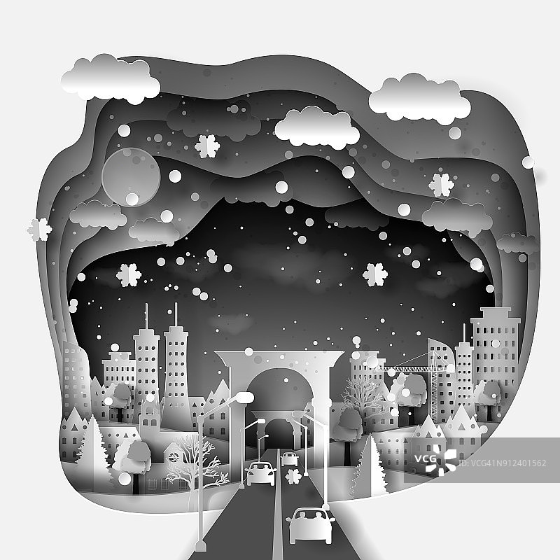 黑白3D纸插图的冬季城市与房屋，街道，摩天大楼，雪花，夜空与星星，太阳，纸艺术和工艺风格图片素材