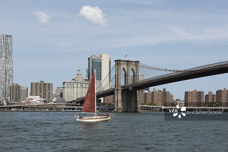 一艘帆船驶过纽约布鲁克林大桥图片素材