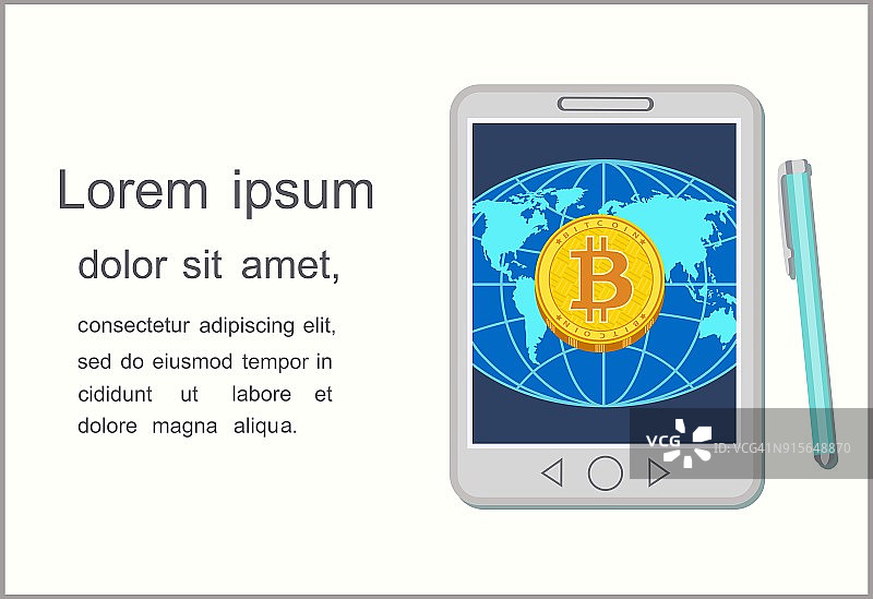 在平板电脑屏幕上的世界在线货币比特币的概念。向量图片素材