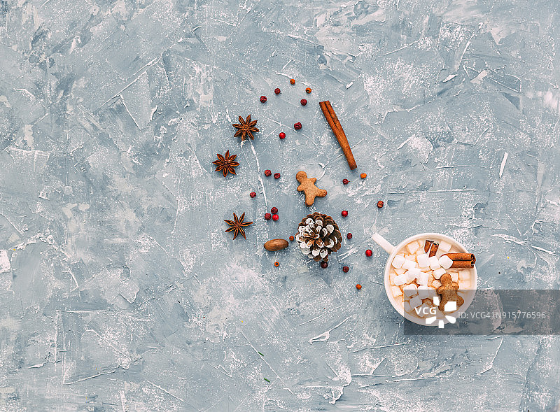 一杯热巧克力配棉花糖，姜饼人和圣诞香料图片素材