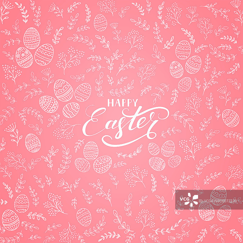 复活节装饰在粉红色的背景与花卉元素和鸡蛋图片素材