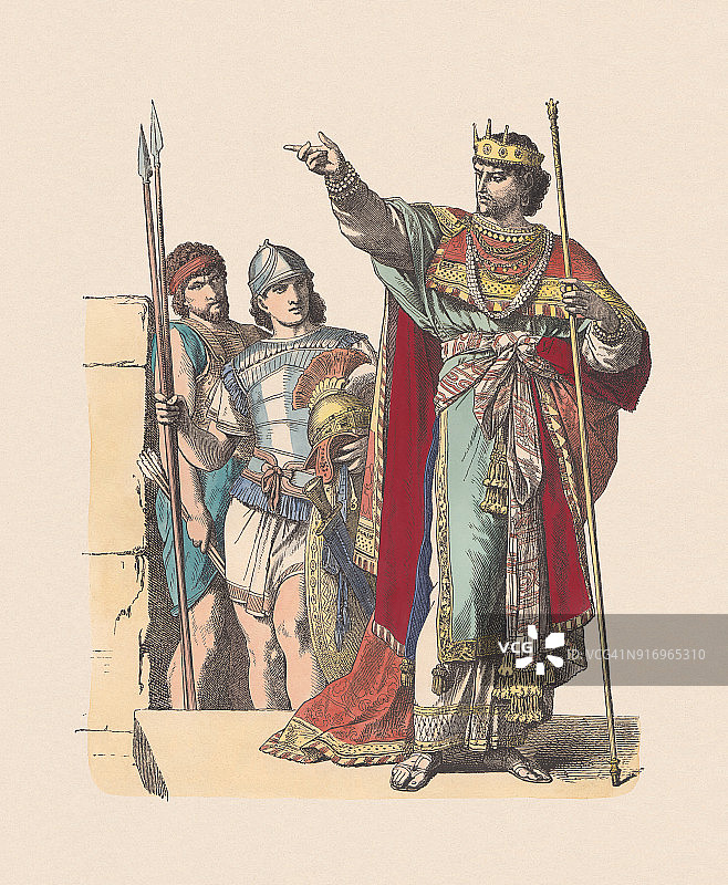 犹太国王和武士，手工着色木刻，大约1880年出版图片素材