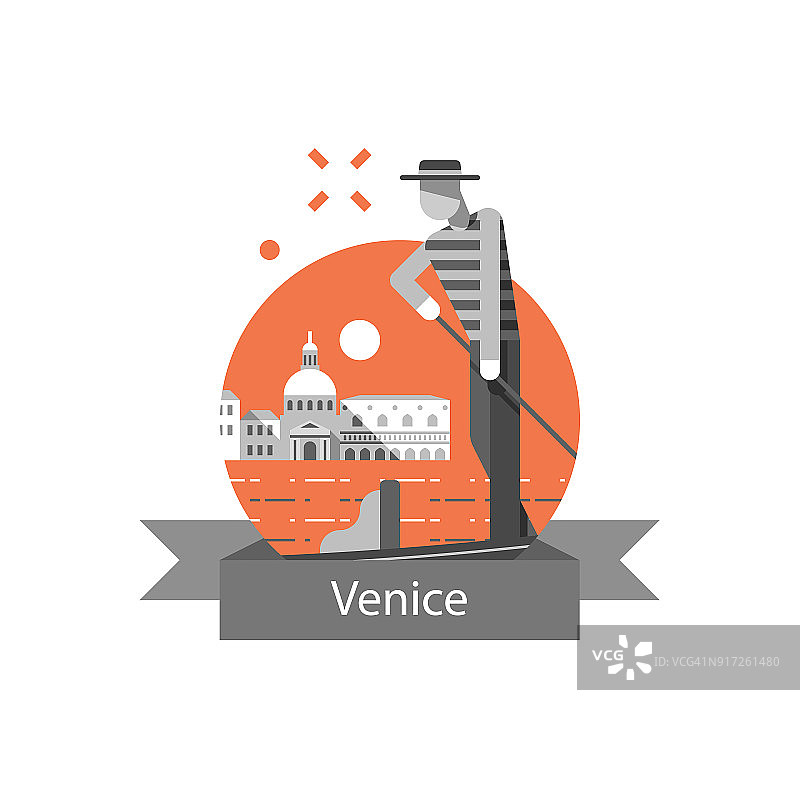 旅游目的地，意大利，威尼斯的象征，著名的地标，贡多拉和戴帽子的男人图片素材