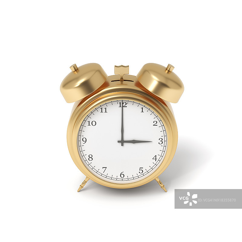 一个在白色背景上覆盖金色的复古闹钟的3d渲染图片素材