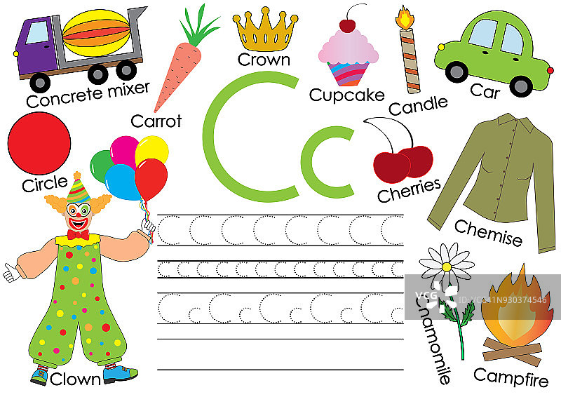 英语字母表。适合学龄前儿童的字母c、图片和书写练习卡片。图片素材