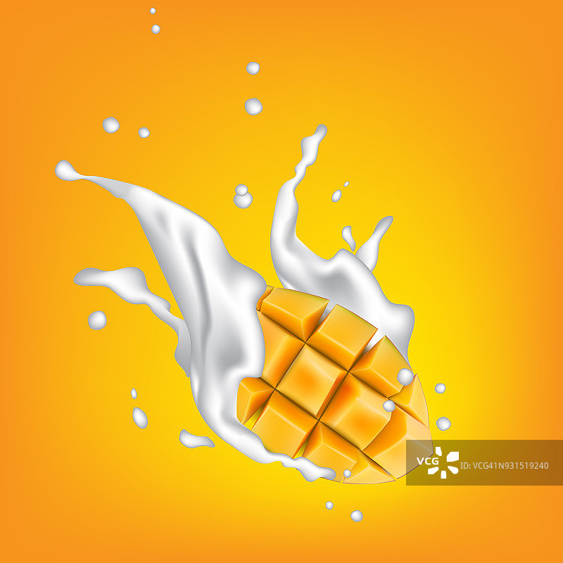 牛奶洒在黄色的背景和多汁的芒果块。向量。图片素材
