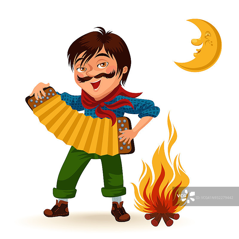 有胡子的男人在月亮的矢量插图下在火附近演奏桑芳那，男孩在篝火晚上拿着手风琴图片素材