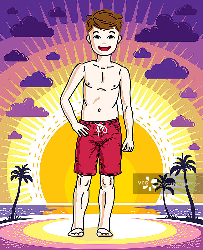 可爱的小男孩穿着时尚的沙滩短裤站在那里。矢量插图。时尚生活主题卡通。图片素材