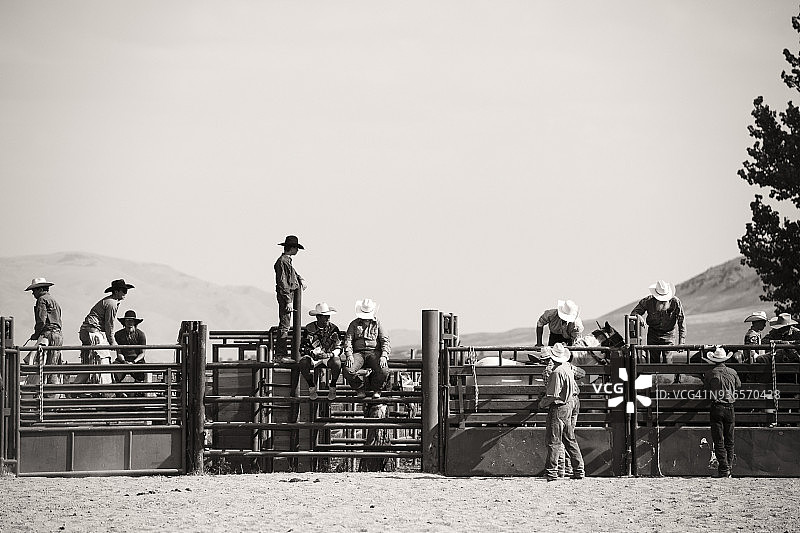 准备装鞍和打开大门的牛仔野马竞争者黑和白图片素材