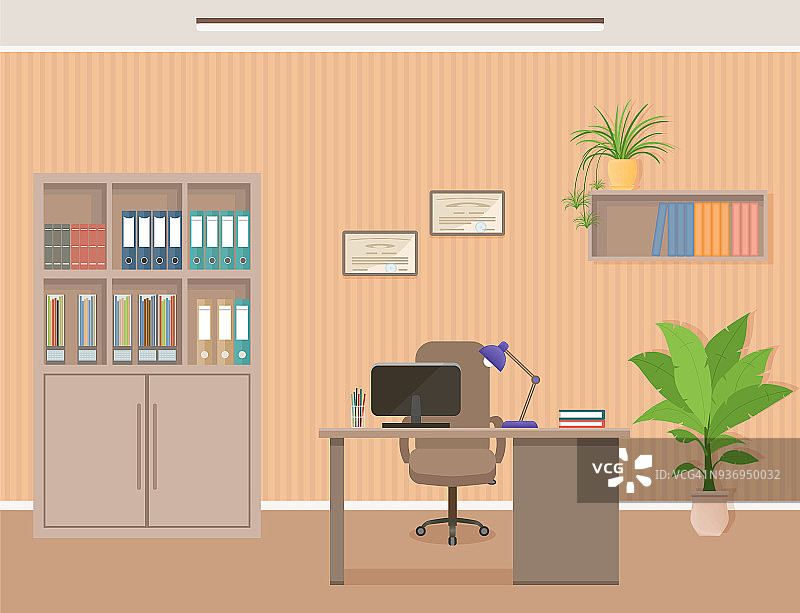 办公室工作的组织。商务室内设计，包括办公桌，扶手椅和笔记本电脑。图片素材