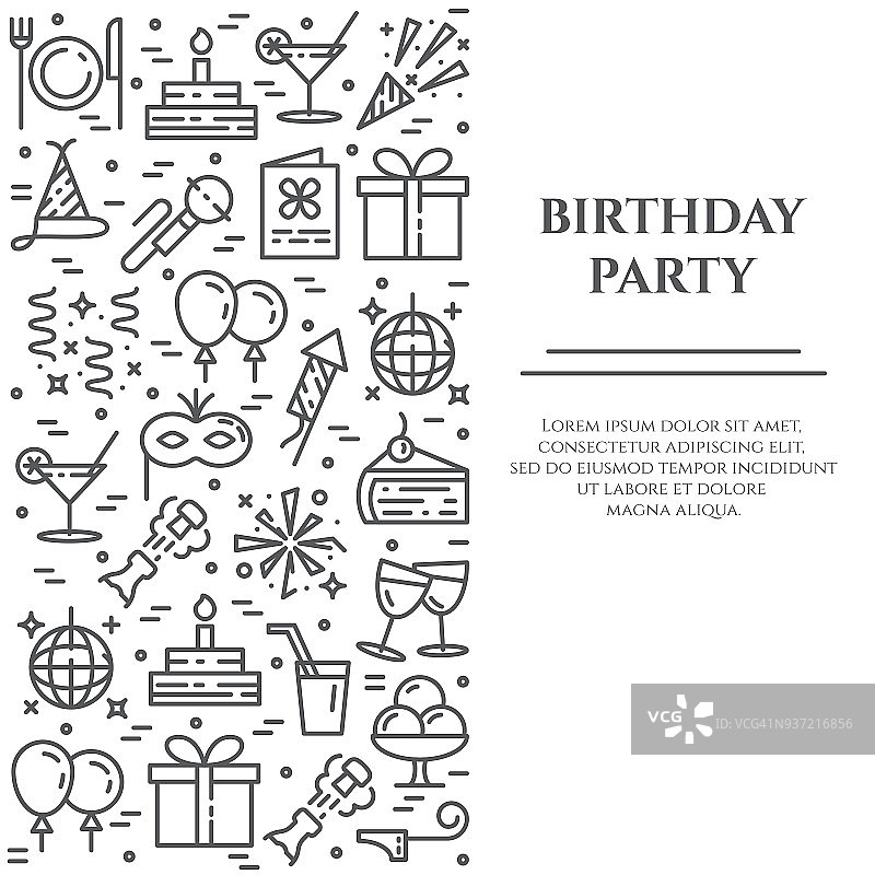 生日派对主题横幅组成的线条图标与可编辑的笔画在矩形的形式。图片素材