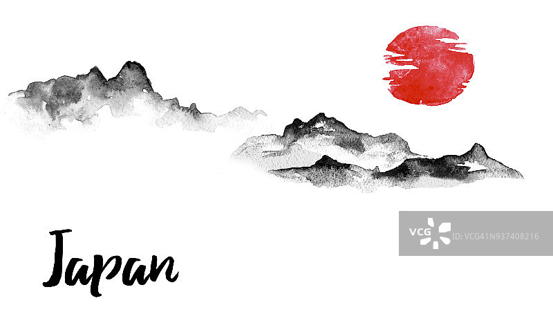 日本传统sumi-e画。墨汁插图。丘陵和山脉。日本的照片。图片素材