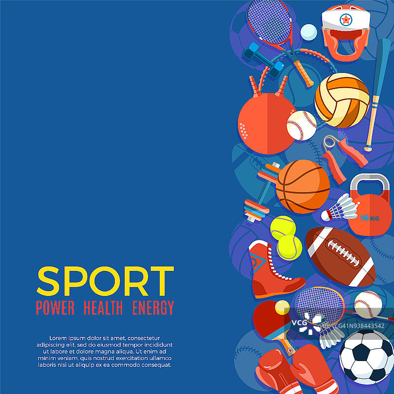 运动球及游戏器材之旗帜。海报与文字运动横幅，贴纸，网页。健康生活方式的工具、要素。矢量插图。图片素材