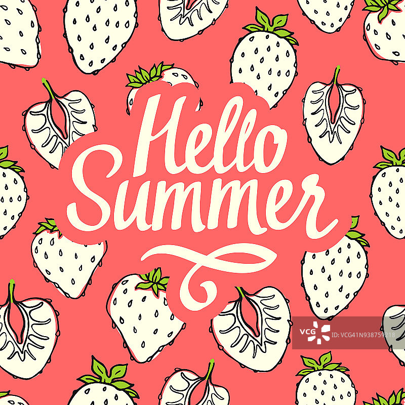 天衣无缝的自然图案与水果素描。红色矢量背景与草莓。热带食物。你好,夏天图片素材